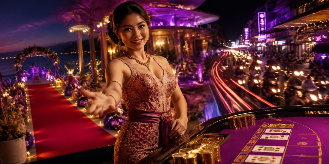 Suasana pantai tropis dengan hiburan casino yang ceria dan santai