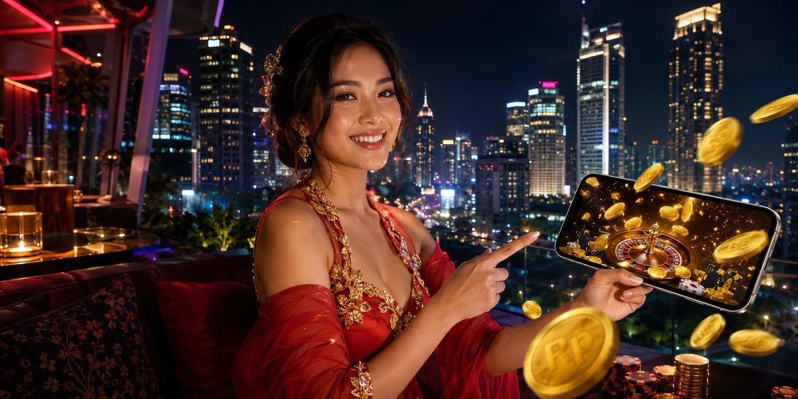 Tampilan mobile casino dengan layar neon berwarna di malam hari