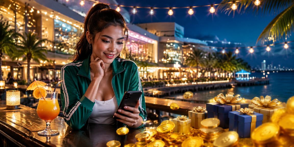 Pengguna mengakses platform casino dari perangkat mobile di tepi pantai